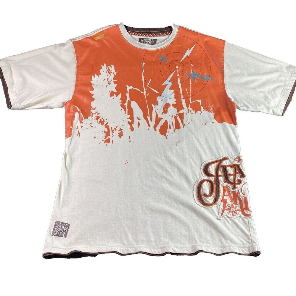 Y2K Urban Outfitters Akademiks T-Shirt Men's XL Beige Orange Utility Retro